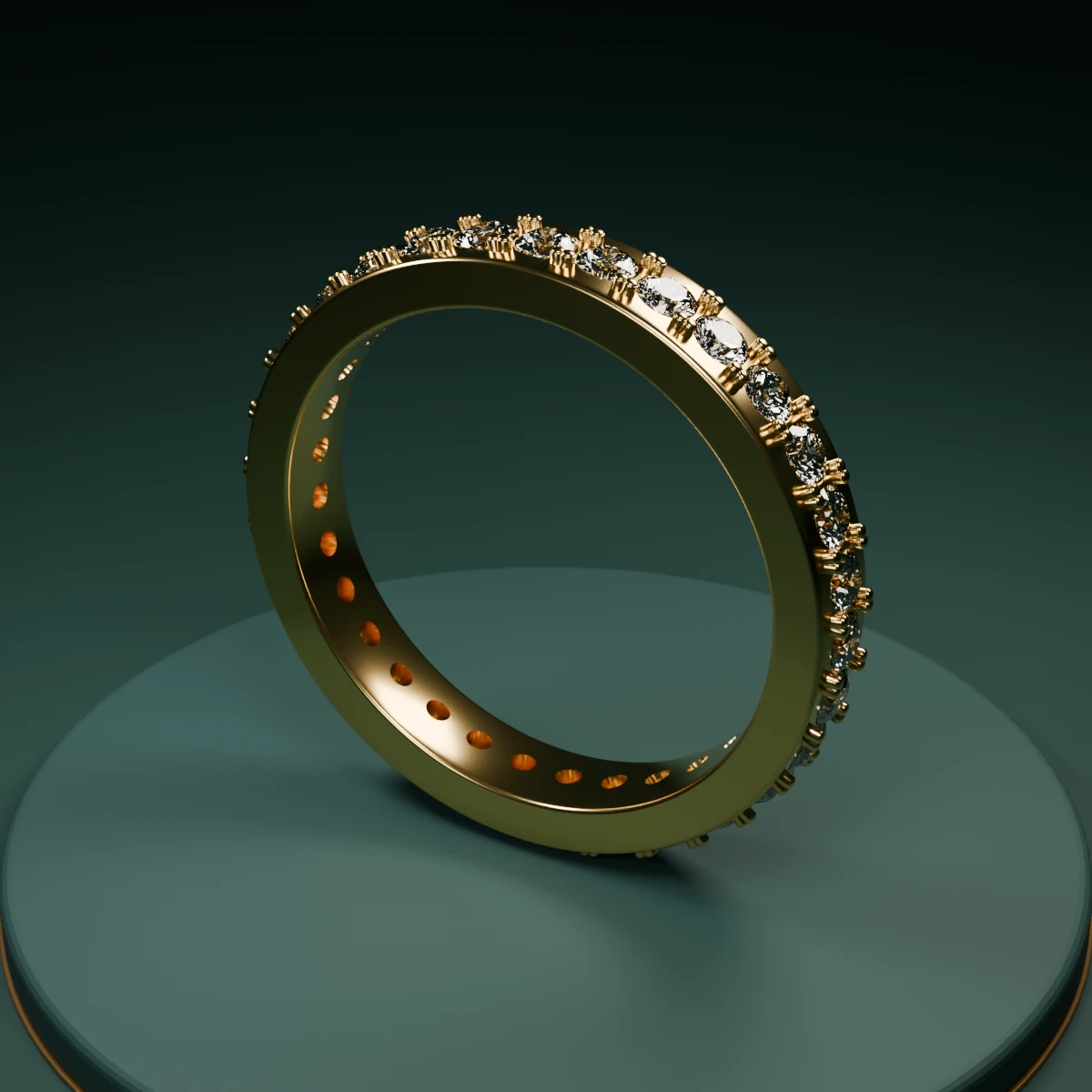 Rendu 3D d’une alliance avec une rangée de diamants et leurs sertissages